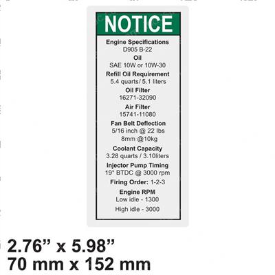 Picture of Decal - Notice Kubota Specs