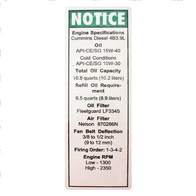 Picture of Decal Notice Cummins Eng Spec