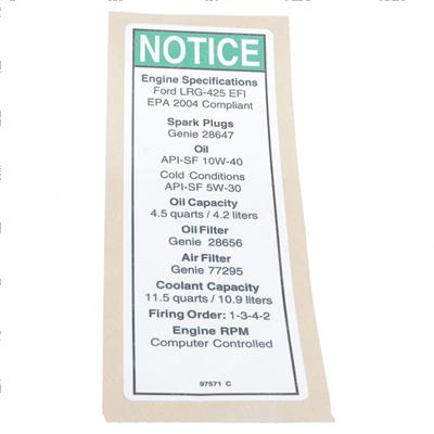 Picture of Decal Notice Ford Eng Specs T2