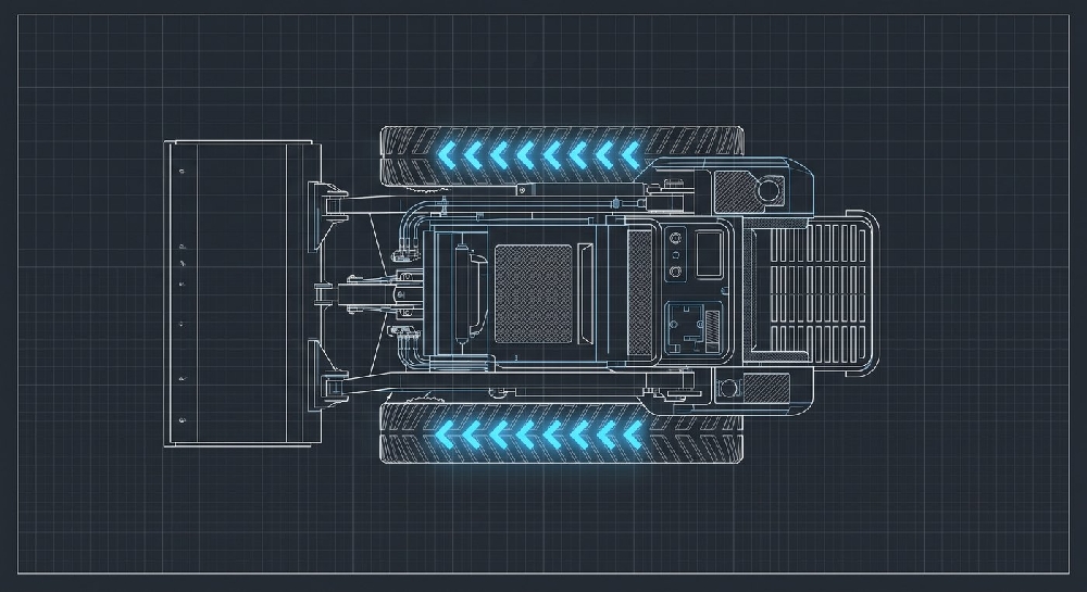 Overhead view of a tracked machine with arrows along both tracks showing which way the V of the tread points