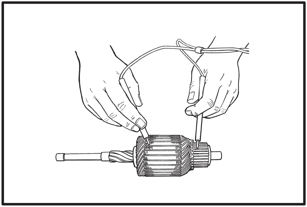Ohmmeter leads held to the armature shaft and to a commutator bar to test for a ground in the armature windings
