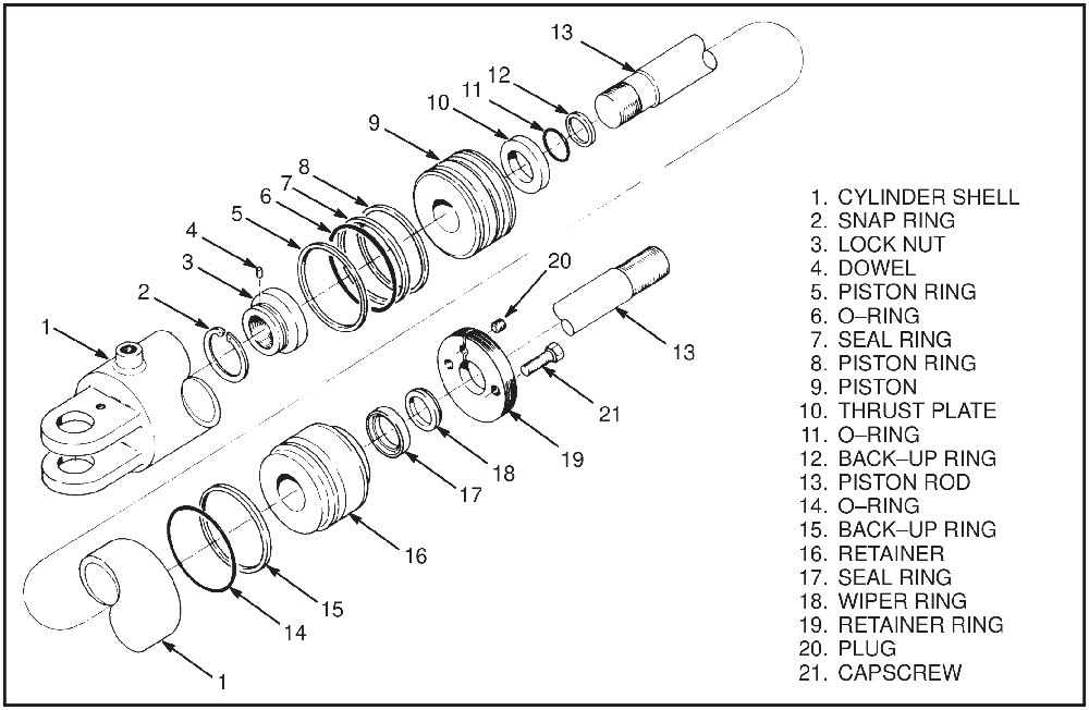 Exploded view of a tilt cylinder with a lock ring, showing the cylinder shell, snap ring, lock nut, dowel, piston rings, O-rings, seal rings, piston, thrust plate, back-up rings, piston rod, retainer, wiper ring, retainer ring, plug and capscrew